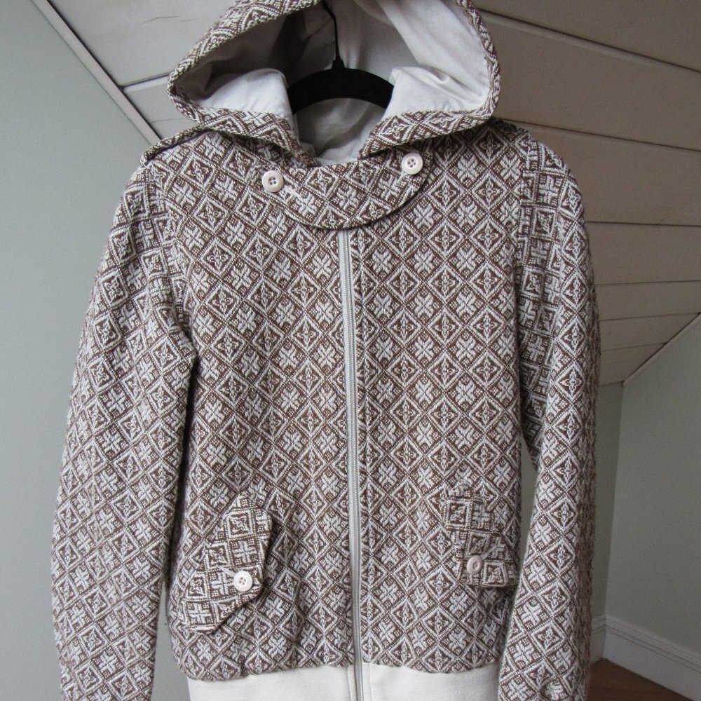 STUSSY Women's Zip Up Skater Hoodie Brown Geometric Pattern Juniors Medium - Picture 2 of 14